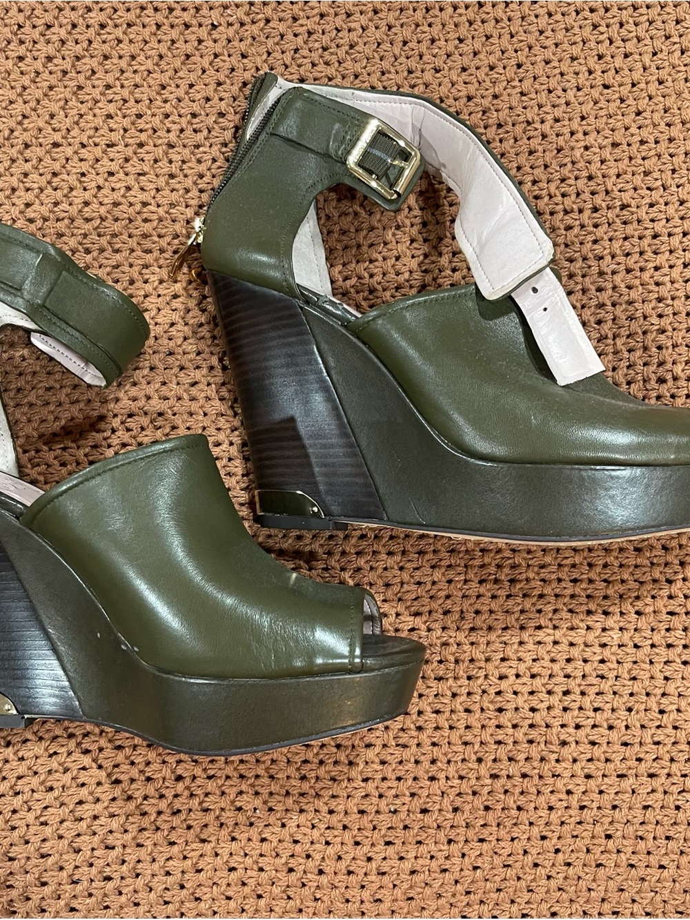 Vince Camuto Olive Green Leather Wedge Sandals with Ankle Buckle